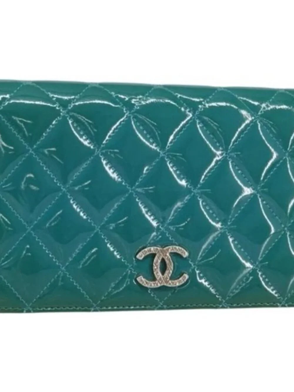 CHANEL Matelasse Long Wallet Patent leather Blue Silver CC Auth 153143